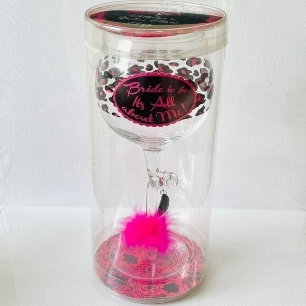 MINX Bride-To-Be Wine Glass 13oz Pink Black Fur Charm 9" NIB Fancy Collectible
